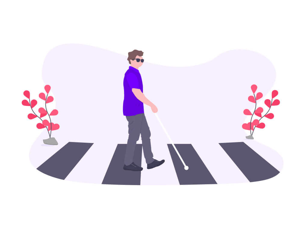 Illustrated blind man crossing the road with stick
