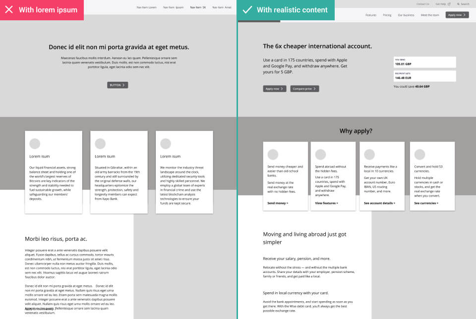 Wireframe with and without lorem ipsum