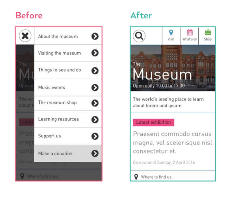 new museum website mobile navigation mockup