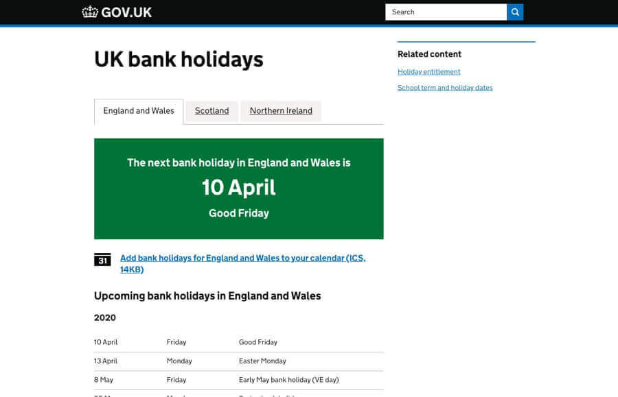 Screenshot from the UK government website